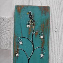 Halloween Crow Painting Primitive Folk Art Star Tree On Reclaimed Wood - thumbnail 2