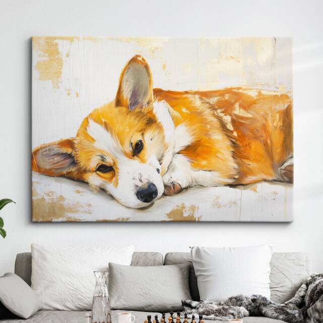 Corgi Sleeping Abstract Dog Gold Oil Painting Framed Poster Print Or Canvas Wall Decor Art Bedroom Home Interior Gift For Pet Lover - image 1
