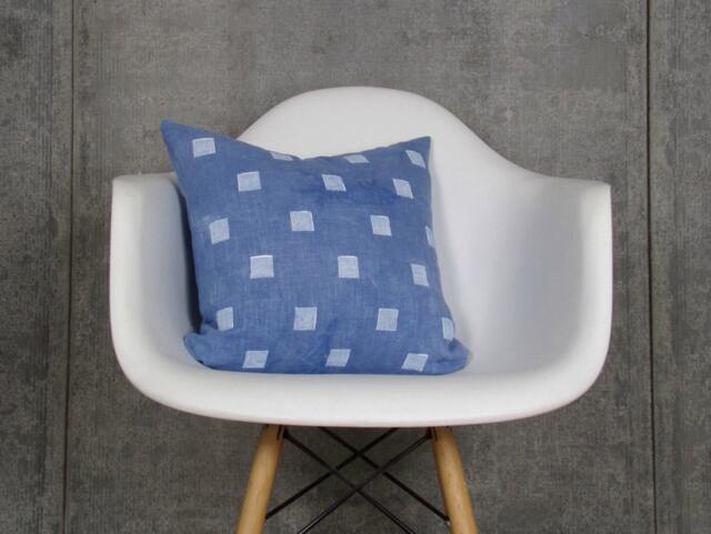 Indigo Linen Pillow Cover With White Square Design/Natural Plant Dye Minimalist Geometric Pale Faded Bedding Accent Cushion - image 1