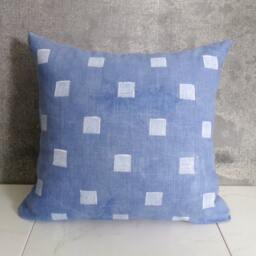 Indigo Linen Pillow Cover With White Square Design/Natural Plant Dye Minimalist Geometric Pale Faded Bedding Accent Cushion - thumbnail 2