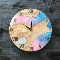 Custom Resin & Olive Wood Wall Clock Trans Flag Colors - thumbnail 2