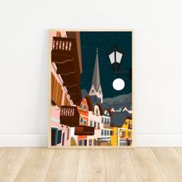 Hallstatt Austria Art Print Travel Poster, Night Scene - thumbnail 2