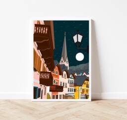 Hallstatt Austria Art Print Travel Poster, Night Scene - thumbnail 1