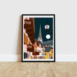 Hallstatt Austria Art Print Travel Poster, Night Scene - thumbnail 3