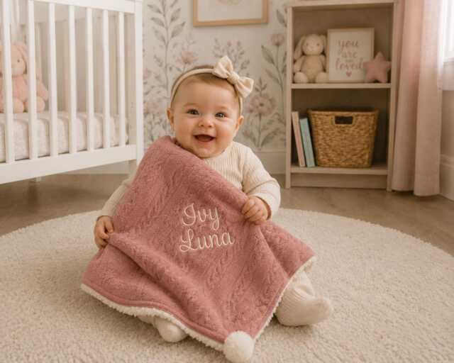 Personalised Baby Blanket, Embroidered, Cable Knit With Pom Poms & Sherpa , Personalized Baby Gift, Rose Gold - image 1