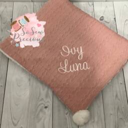 Personalised Baby Blanket, Embroidered, Cable Knit With Pom Poms & Sherpa , Personalized Baby Gift, Rose Gold - thumbnail 2