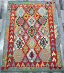Kilim Rug Multicolour, Handmade Artisan Afghan Turkish, Scandinavian, Navajo, Bohemian Flatweave, Natural Wool 198x151 cm - thumbnail 1