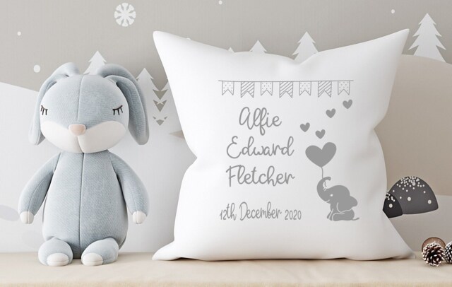 Name & Date With Elephant Hearts Balloon ~ Newborn Baby, Christening, Birthday White Personalised Cushion Pillow Including Infill - image 1