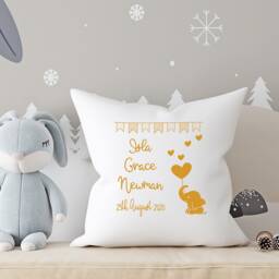 Name & Date With Elephant Hearts Balloon ~ Newborn Baby, Christening, Birthday White Personalised Cushion Pillow Including Infill - thumbnail 3