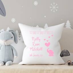 Name & Date With Elephant Hearts Balloon ~ Newborn Baby, Christening, Birthday White Personalised Cushion Pillow Including Infill - thumbnail 2
