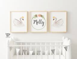 Set Of 3 Nursery Prints, Swan, Girls Room Wall Art, Decor, Peach Floral Wreath, Personalised Name Print, Watercolour Flowers - thumbnail 1