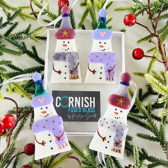 Cute Fused Glass Snowman Christmas Tree Decoration, Snowman Cornish Glass, Fused Glass Cornwall - image 1
