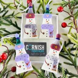 Cute Fused Glass Snowman Christmas Tree Decoration, Snowman Cornish Glass, Fused Glass Cornwall