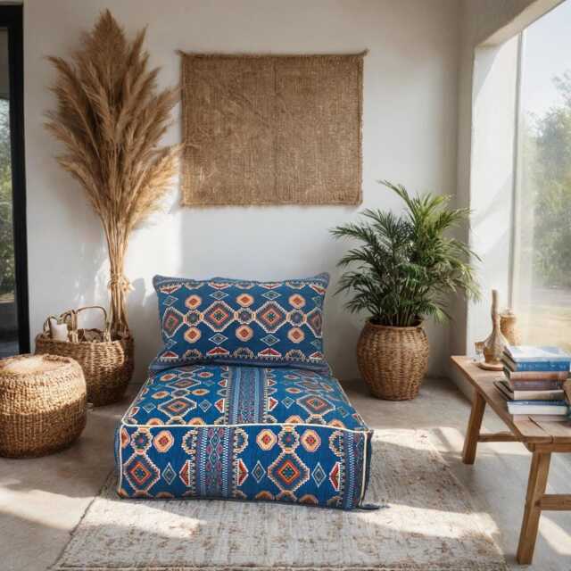 Moroccan Kilim Pouf With Backrest Vintage Floor Cushion [Unstuffed] - image 1