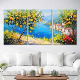 Sicily Lemon Tree Coastal 3 Panel Split Canvas Wall Art Italian Landscape Abstract Oil Painting Framed Mediterranean Home Decor Gift - thumbnail 2