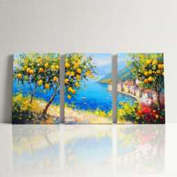 Sicily Lemon Tree Coastal 3 Panel Split Canvas Wall Art Italian Landscape Abstract Oil Painting Framed Mediterranean Home Decor Gift - thumbnail 3