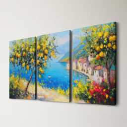 Sicily Lemon Tree Coastal 3 Panel Split Canvas Wall Art Italian Landscape Abstract Oil Painting Framed Mediterranean Home Decor Gift - thumbnail 1
