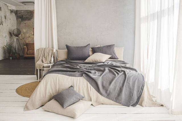 Natural Linen Bedspread, Large Throw Blanket, Dark Grey Bed Cover, Heavyweight Softened Throw - image 1