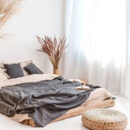 Natural Linen Bedspread, Large Throw Blanket, Dark Grey Bed Cover, Heavyweight Softened Throw - thumbnail 3