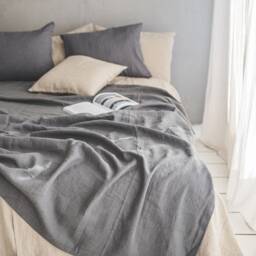 Natural Linen Bedspread, Large Throw Blanket, Dark Grey Bed Cover, Heavyweight Softened Throw - thumbnail 2