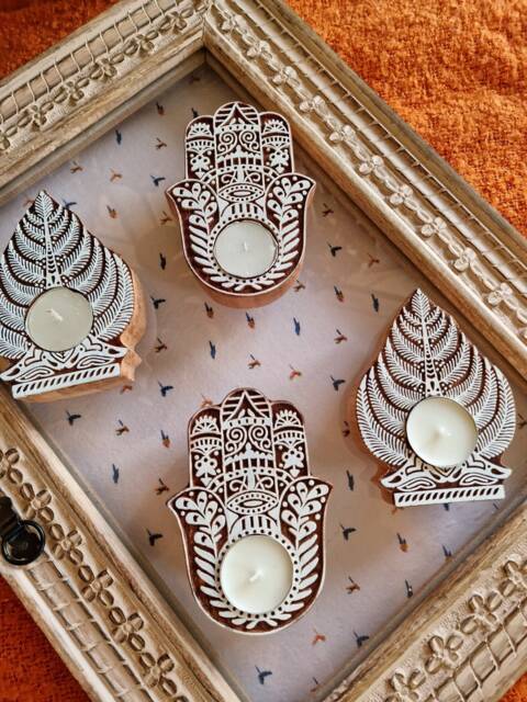 Wooden Tea Light Holder Hand Carved - Christmas Gift Idea Home & Hamsa Turkish Tree - image 1