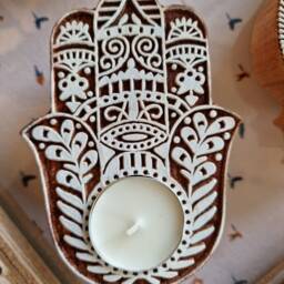 Wooden Tea Light Holder Hand Carved - Christmas Gift Idea Home & Hamsa Turkish Tree - thumbnail 2