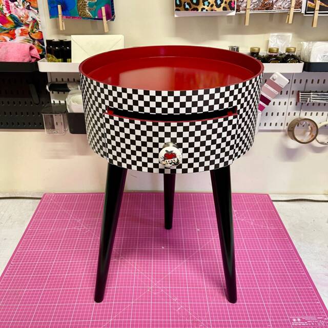 Chequerboard Side Table, Round Wooden Table With Drawer in Red Black & White, Check Design Love Heart Tattoo Handle, Rock Nightstand - image 1