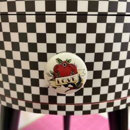 Chequerboard Side Table, Round Wooden Table With Drawer in Red Black & White, Check Design Love Heart Tattoo Handle, Rock Nightstand - thumbnail 2
