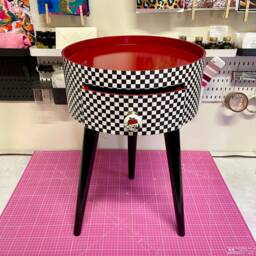 Chequerboard Side Table, Round Wooden Table With Drawer in Red Black & White, Check Design Love Heart Tattoo Handle, Rock Nightstand