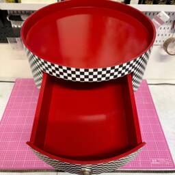 Chequerboard Side Table, Round Wooden Table With Drawer in Red Black & White, Check Design Love Heart Tattoo Handle, Rock Nightstand - thumbnail 3