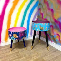 Chequerboard Side Table, Round Wooden Table With Drawer in Red Black & White, Check Design Love Heart Tattoo Handle, Rock Nightstand - thumbnail 4