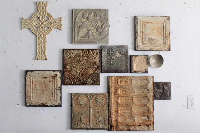 Vintage Ecru Rusty Metal Tile Wall Relief Mixed Media Sculpture Collage Shabby Chic Boho Whites Distressed Texture Artifacts Art Modern - image 1