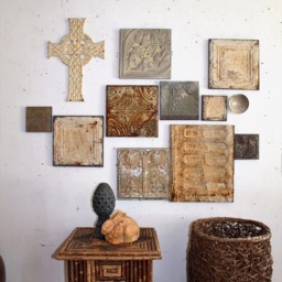 Vintage Ecru Rusty Metal Tile Wall Relief Mixed Media Sculpture Collage Shabby Chic Boho Whites Distressed Texture Artifacts Art Modern - thumbnail 2