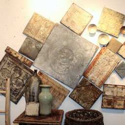 Vintage Ecru Rusty Metal Tile Wall Relief Mixed Media Sculpture Collage Shabby Chic Boho Whites Distressed Texture Artifacts Art Modern - thumbnail 3