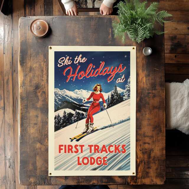 Customizable Ski The Holidays Vintage Felt Poster - Skiing Mountain Wall Art Gift, Family Camp Sign, Personalized Christmas Flag - image 1