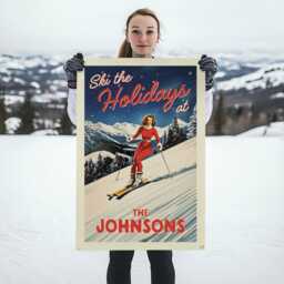 Customizable Ski The Holidays Vintage Felt Poster - Skiing Mountain Wall Art Gift, Family Camp Sign, Personalized Christmas Flag - thumbnail 3