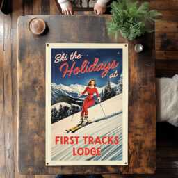 Customizable Ski The Holidays Vintage Felt Poster - Skiing Mountain Wall Art Gift, Family Camp Sign, Personalized Christmas Flag - thumbnail 1