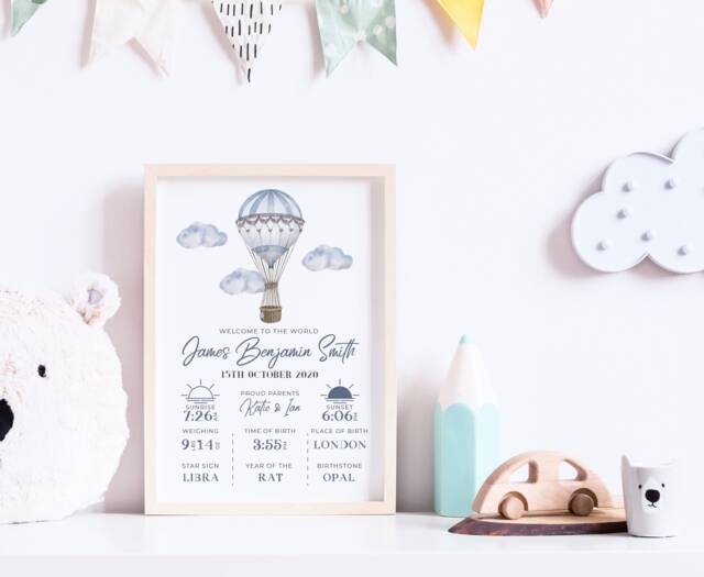 Digital Personalised New Baby Print/Birth Details Stats Nursery Hot Air Balloon - image 1