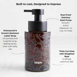 250Ml Amber Glass Soap Dispenser With Black Artistic Wrap - Refillable Pump Bottle Sustainable Eco Design For Modern Bathrooms - thumbnail 2