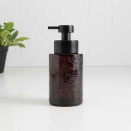 250Ml Amber Glass Soap Dispenser With Black Artistic Wrap - Refillable Pump Bottle Sustainable Eco Design For Modern Bathrooms - thumbnail 1