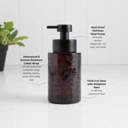250Ml Amber Glass Soap Dispenser With Black Artistic Wrap - Refillable Pump Bottle Sustainable Eco Design For Modern Bathrooms - thumbnail 3