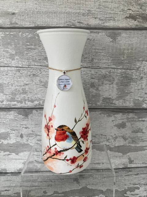 Robin Vase, With Charm - Decouoage, Gifts, Xmas Robins Appear When Loved Ones Are Near - image 1