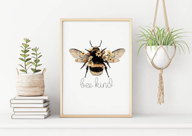 Bee Kind Print - Happy, Yourself, Bee-You-Tiful, Nature Print, Sunflowers, Spring Summer, Lover Wall Art, Inspirational Quote - image 1