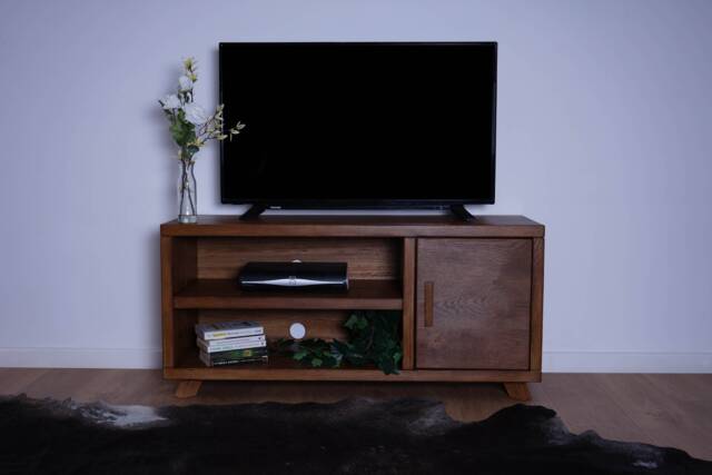 Handcrafted Oak Tv Stand With Cupboard, Media Console - Walnut Finish - image 1