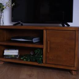 Handcrafted Oak Tv Stand With Cupboard, Media Console - Walnut Finish - thumbnail 2