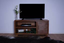 Handcrafted Oak Tv Stand With Cupboard, Media Console - Walnut Finish