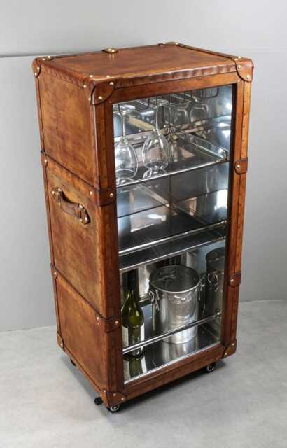 Hand Dyed Leather Cocktail Bar Serving Trolley With Wheels - Luxury Drinks Cabinet Home Decor - image 1