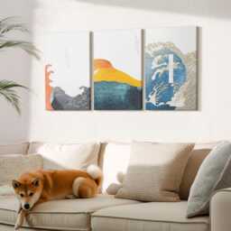 Set Of 3 Canvas Prints - Waves in Japanese Graphic Style, Blue Picture Print, Artwork Wall Decor - thumbnail 3