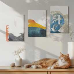 Set Of 3 Canvas Prints - Waves in Japanese Graphic Style, Blue Picture Print, Artwork Wall Decor - thumbnail 2