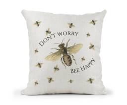 Fun Quote Cream Canvas Cushion, Scatter Home Decor, Inspirational, Don't Worry Be Happy, Bee Lover, Gold Bees
